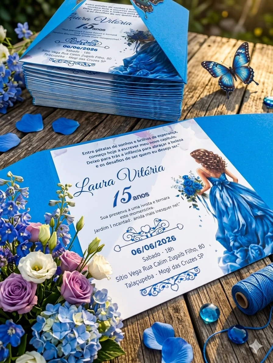 Modelo Aline Butterfly, convite azul aberto com flores e borboletas