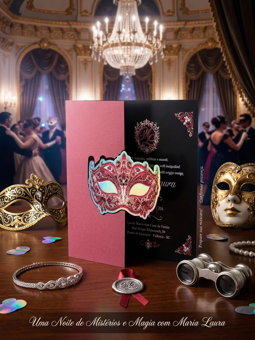 Modelo Amanda Baile de Máscaras, convite rosa e preto com máscara veneziana
